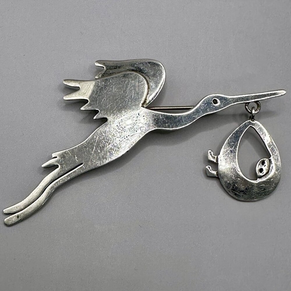 Modernist Stork & Newborn Brooch Signed Anne Harvey Mexico 925 Sterling Silver